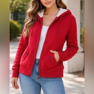 Green Tea Women’s Medium Red Full Zip Sherpa Lined Hoodie Jacket